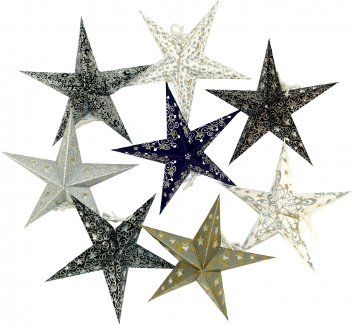 8 pcs star fairy lights, paper star 20 cm set, foldable - black/white/gray/glitter